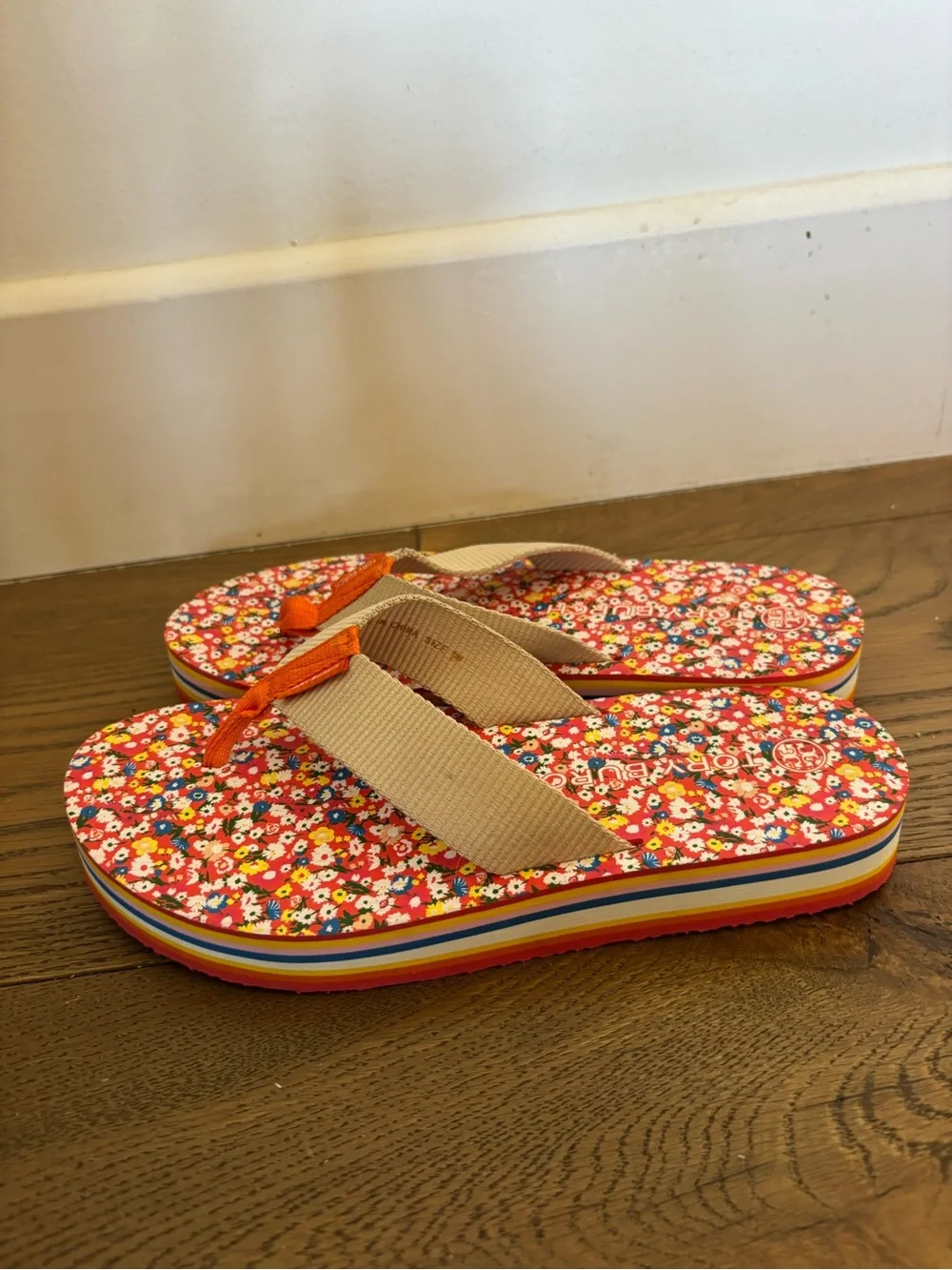 Womens Floral Stripe Platform Flip Flop - Beige & Orange